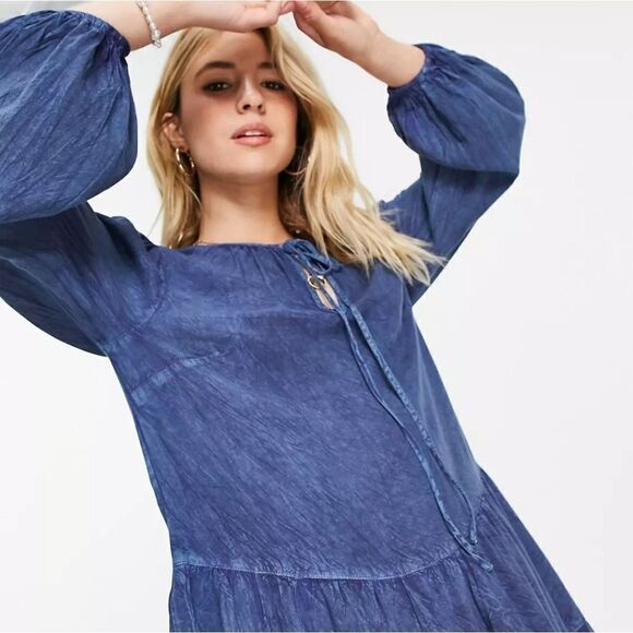 Wednesday's Girl Women's Tiered Blue Peasant Dress - Picture 2 of 16